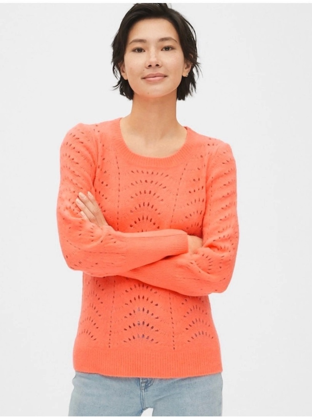 GAP Women's Eyelet Crewneck Sweater - Coral Orange